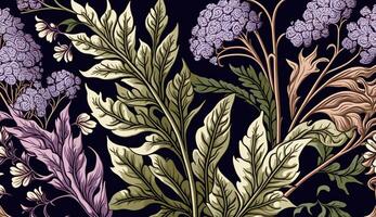 generativo ai, floral lavanda hierbas vistoso modelo. Guillermo morris inspirado natural plantas y Lavandula flores fondo, Clásico ilustración. follaje ornamento. foto