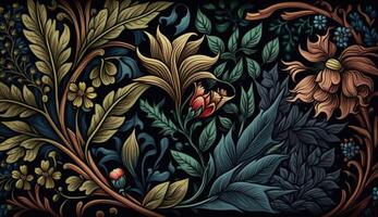 generativo ai, floral vistoso modelo. Guillermo morris inspirado natural plantas y flores fondo, Clásico ilustración. follaje ornamento. foto