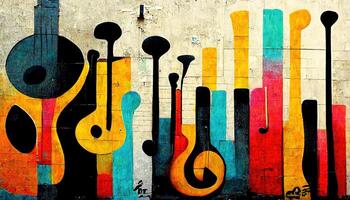 generativo ai, calle Arte con llaves y musical instrumentos siluetas tinta vistoso pintada Arte en un texturizado papel Clásico fondo, inspirado por bancos foto