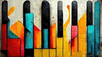 , Street art with keys and musical instruments silhouettes. Ink colorful graffiti art on a textured paper vintage background, inspired by Banksy photo