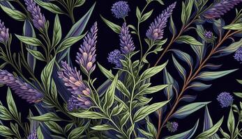 , Floral lavender herbs colorful pattern. William Morris inspired natural plants and lavandula flowers background, vintage illustration. Foliage ornament. photo