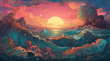 , ocean in the sunset linear illustration, psychedelic manga style, highly detailed. Anime colorful style photo