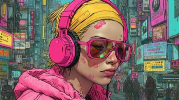 , person in glasses, cyberpunk anime style inspired by Josan Gonzalez. Light yellow and pink colors, virtual reality concept photo
