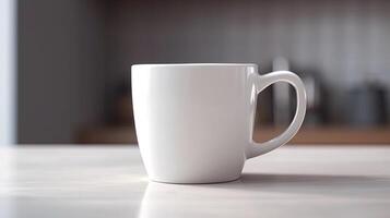 generativo ai, blanco cerámico taza configuración en a hogar interior, jarra burlarse de arriba blanco. foto