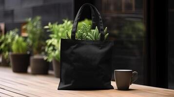 , Realistic black tote canvas fabric bag set-up in at interior or outdoor, shopper mock up blank. photo