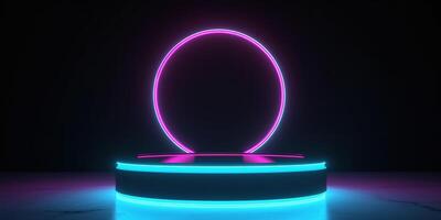 , Sci-Fi Futuristic neon glowing banner with podium. Abstract cyberpunk background for promotion goods. Mockup template photo