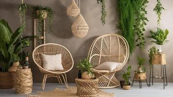 , Eco wooden room with plants with natural furniture, boho ethnic chic style interior design photo