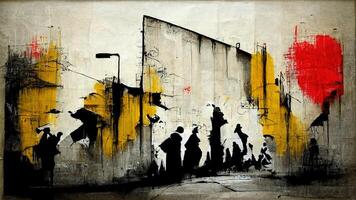 , Ink black street graffiti art on a textured paper vintage background, inspired by Banksy. photo