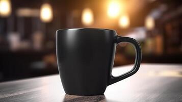 generativo ai, negro cerámico taza configuración en a hogar interior, jarra burlarse de arriba blanco. foto