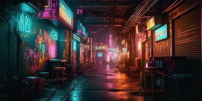 , Night scene of after rain city in cyberpunk style, futuristic nostalgic 80s, 90s. Neon lights vibrant colors, photorealistic horizontal illustration. photo