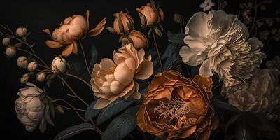 , Close up of blooming flowerbeds of amazing apricot orange color flowers on dark moody floral textured background. Photorealistic effect. photo