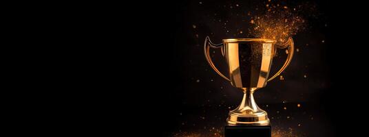 , Winner trophy with flames, golden champion cup with falling confetti on dark background photo