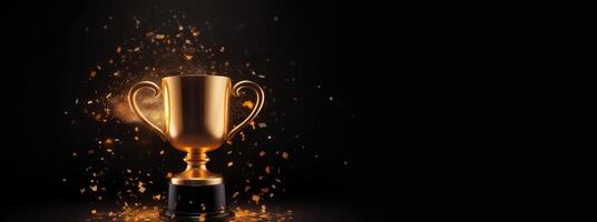 , Winner trophy with flames, golden champion cup with falling confetti on dark background photo