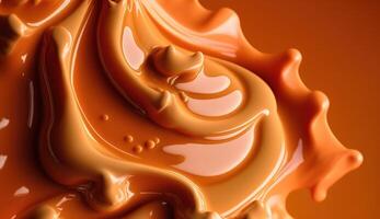 , Flowing liquid with splashes in apricot color. Glossy cream caramel fluid banner, 3D effect, modern macro photorealistic abstract background illustration. photo