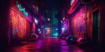 , Night scene of after rain city in cyberpunk style, futuristic nostalgic 80s, 90s. Neon lights vibrant colors, photorealistic horizontal illustration. photo