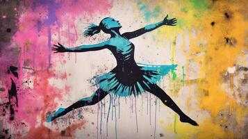 , Dancing woman or girl, dynamic motion. Ink paint colorful splashes street graffiti art on a textured paper vintage background, inspired by Banksy. photo