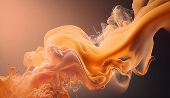 Generative AI, Flowing light apricot crush smoke with splashes. Soft fluid banner, spring female mood, 3D effect, modern macro realistic abstract background illustration, ink in water effect. photo