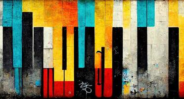 , Street art with keys and musical instruments silhouettes. Ink colorful graffiti art on a textured paper vintage background, inspired by Banksy photo