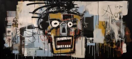 , street graffiti abstract art with ugly face on a textured wall vintage background, inspired by Jean-Michel Basquiat, New York urban style. photo