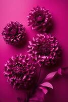 , Paper cut craft flowers and leaves, viva magenta color, floral origami textured vertical background, spring mood. Photorealistic effect. photo