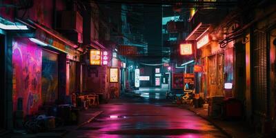 , Night scene of after rain city in cyberpunk style, futuristic nostalgic 80s, 90s. Neon lights vibrant colors, photorealistic horizontal illustration. photo