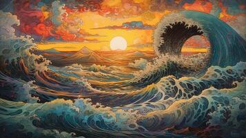 , ocean in the sunset linear illustration, psychedelic manga style, highly detailed. Anime colorful style photo