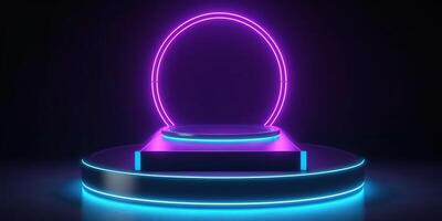 , Sci-Fi Futuristic neon glowing banner with podium. Abstract cyberpunk background for promotion goods. Mockup template photo