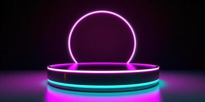 , Sci-Fi Futuristic neon glowing banner with podium. Abstract cyberpunk background for promotion goods. Mockup template photo