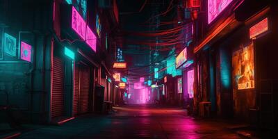 , Night scene of after rain city in cyberpunk style, futuristic nostalgic 80s, 90s. Neon lights vibrant colors, photorealistic horizontal illustration. photo