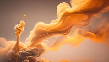 , Flowing light apricot crush smoke with splashes. Soft fluid banner, spring female mood, 3D effect, modern macro realistic abstract background illustration, ink in water effect. photo