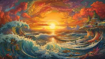 , ocean in the sunset linear illustration, psychedelic manga style, highly detailed. Anime colorful style photo