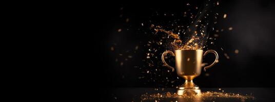 , Winner trophy with flames, golden champion cup with falling confetti on dark background photo
