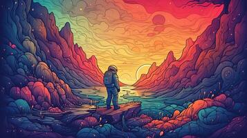 , Psychedelic Space banner template in anime manga line art style. Horizontal illustration of the future landscape with mountains, planets, trees, moon. Surrealist escapism concept. photo