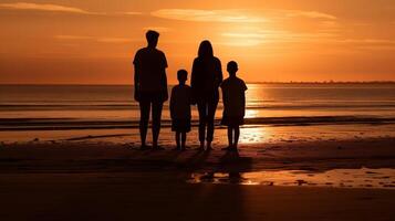 Family, nightfall and open air outline at shoreline with children and guardians together at ocean for security. Creative resource, photo