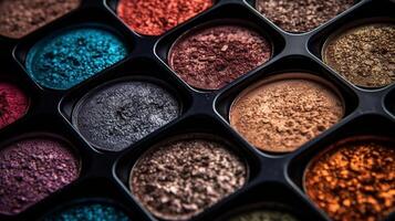 Closeup shot of eye shadow, magnificence care items, beauty care products. Capable eyeshadow palette huge scale shot. Creative resource, photo