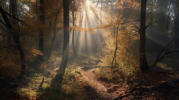 Exquisito escena de un reunir hora bosque con rayos de sol entrando mediante el sucursales. ai generado foto