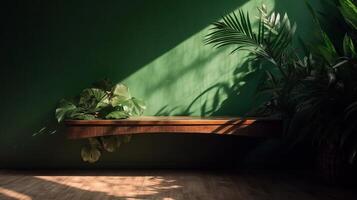 Cleanse wooden table counter with tropical palm tree in dappled sunshine. photo