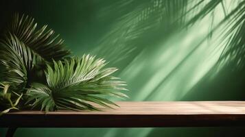 Cleanse wooden table counter with tropical palm tree in dappled sunshine. photo