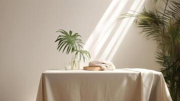 Touchy beige cotton tablecloth on counter table, tropical dracaena tree in daylight on white divider foundation. photo