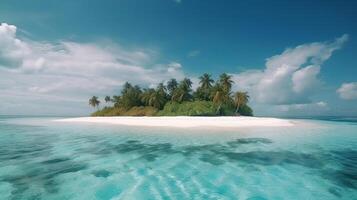 tropical Maldivas isla con blanco arenoso orilla y mar. palmera. ai generado foto