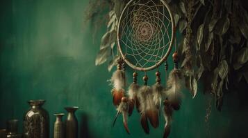 dream catcher hanging on green divider. Creative resource, photo