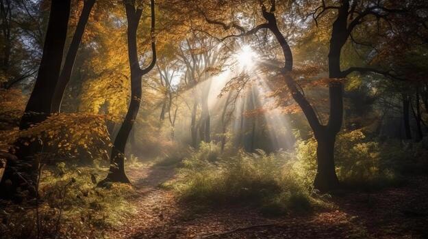 Disorienting scene of an collect time timberland with sunrays entering through the branches. photo