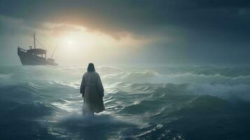 Jesus walks on water over the sea towards a watercraft in the midst of a storm. Scriptural subject concept. AI Generated photo