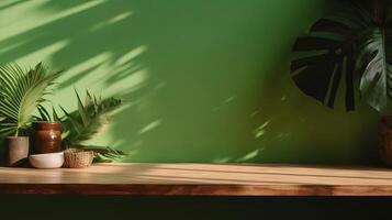 Cleanse wooden table counter with tropical palm tree in dappled daylight. photo