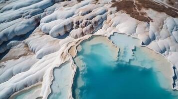 aerotransportado mejor ver Pamukkale Turquía tufo quinielas, naturaleza patios con azul agua. ai generado foto