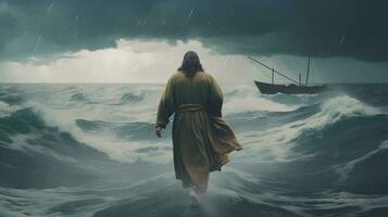 Jesus strolls on water over the ocean towards a watercraft internal parts the center of a storm. Scriptural subject concept. AI Generated photo