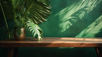 Cleanse wooden table counter with tropical palm tree in dappled sunshine. photo