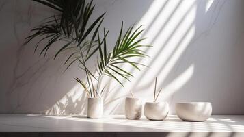 Sensitive beige cotton tablecloth on counter table, tropical dracaena tree in sunshine on white divider establishment. photo
