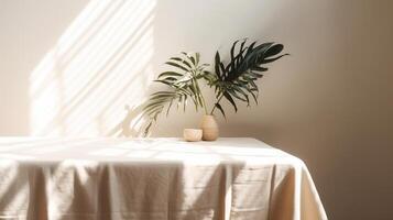 Obliged beige cotton tablecloth on counter table, tropical dracaena tree in daylight on white divider foundation. photo