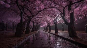 Purple cherry trees make after rain at night. photo